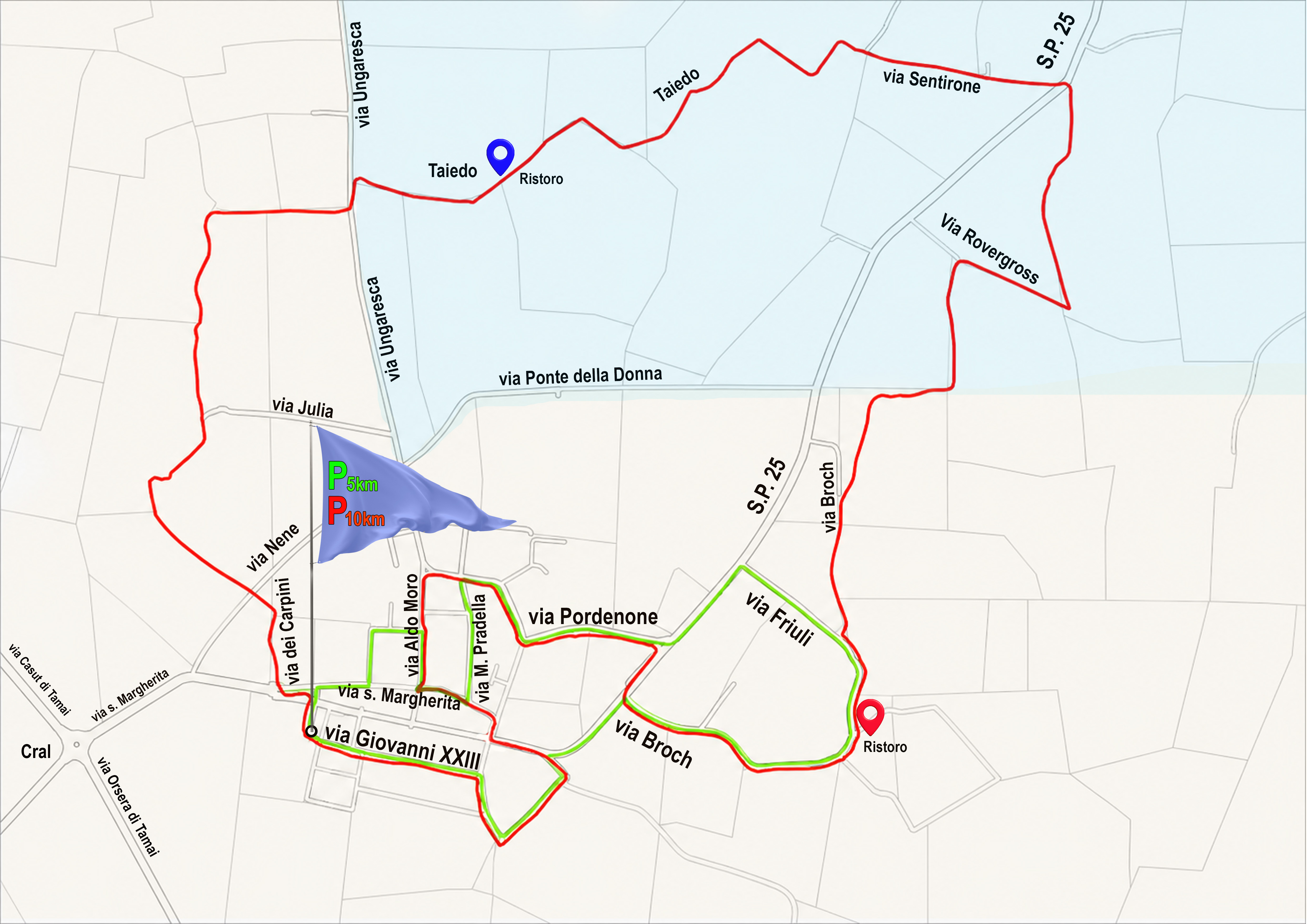 Mappa dei percorsi 5 km e 10 km della Tamai in Rosa 2026