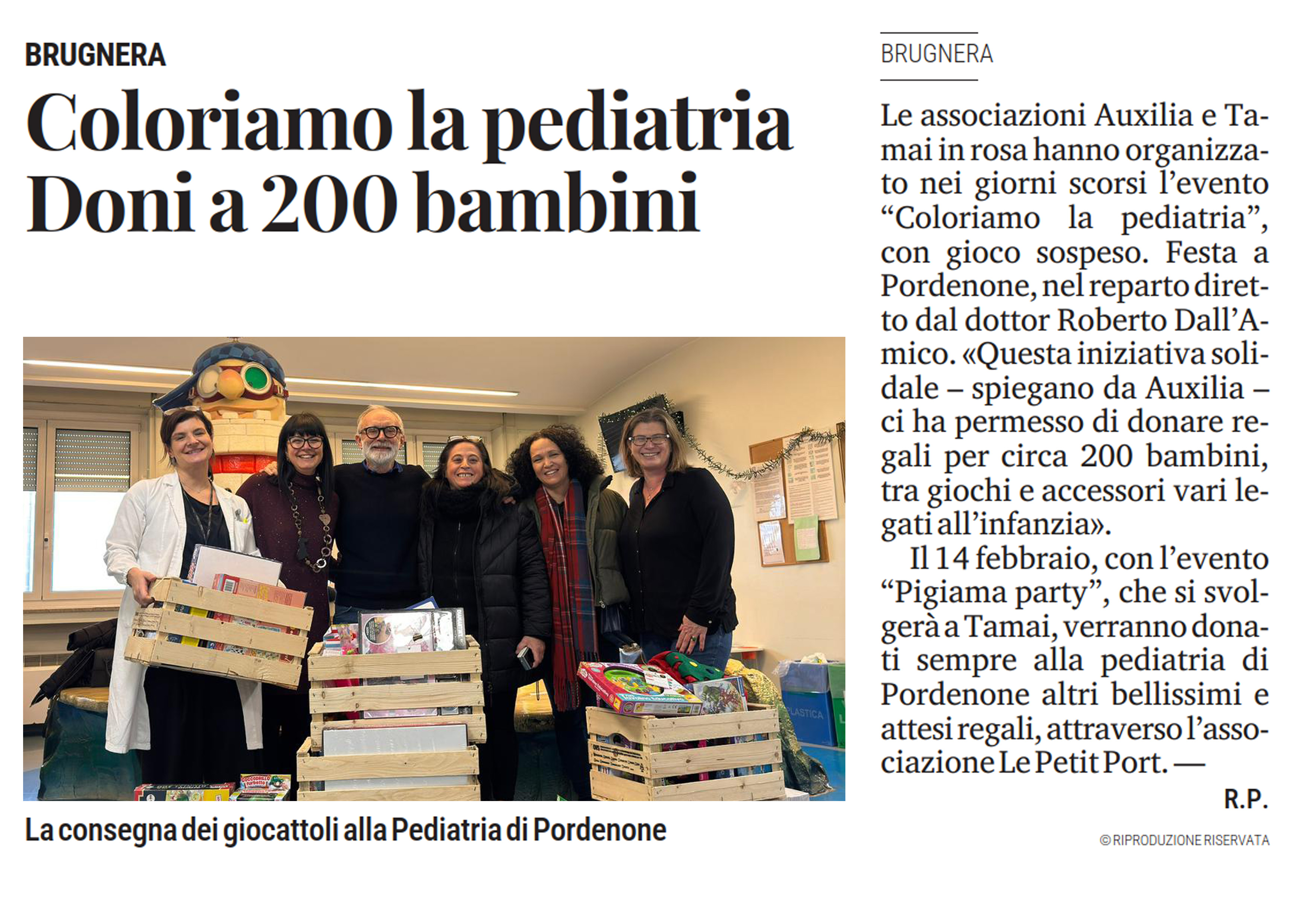 Articolo di giornale sul progetto Coloriamo la Pediatria
